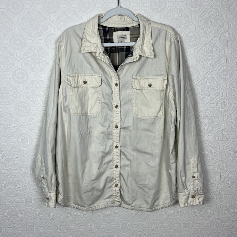 LL Bean Heritage Wash Denim Shirt Jacket Shacket Cream White Flannel Lined